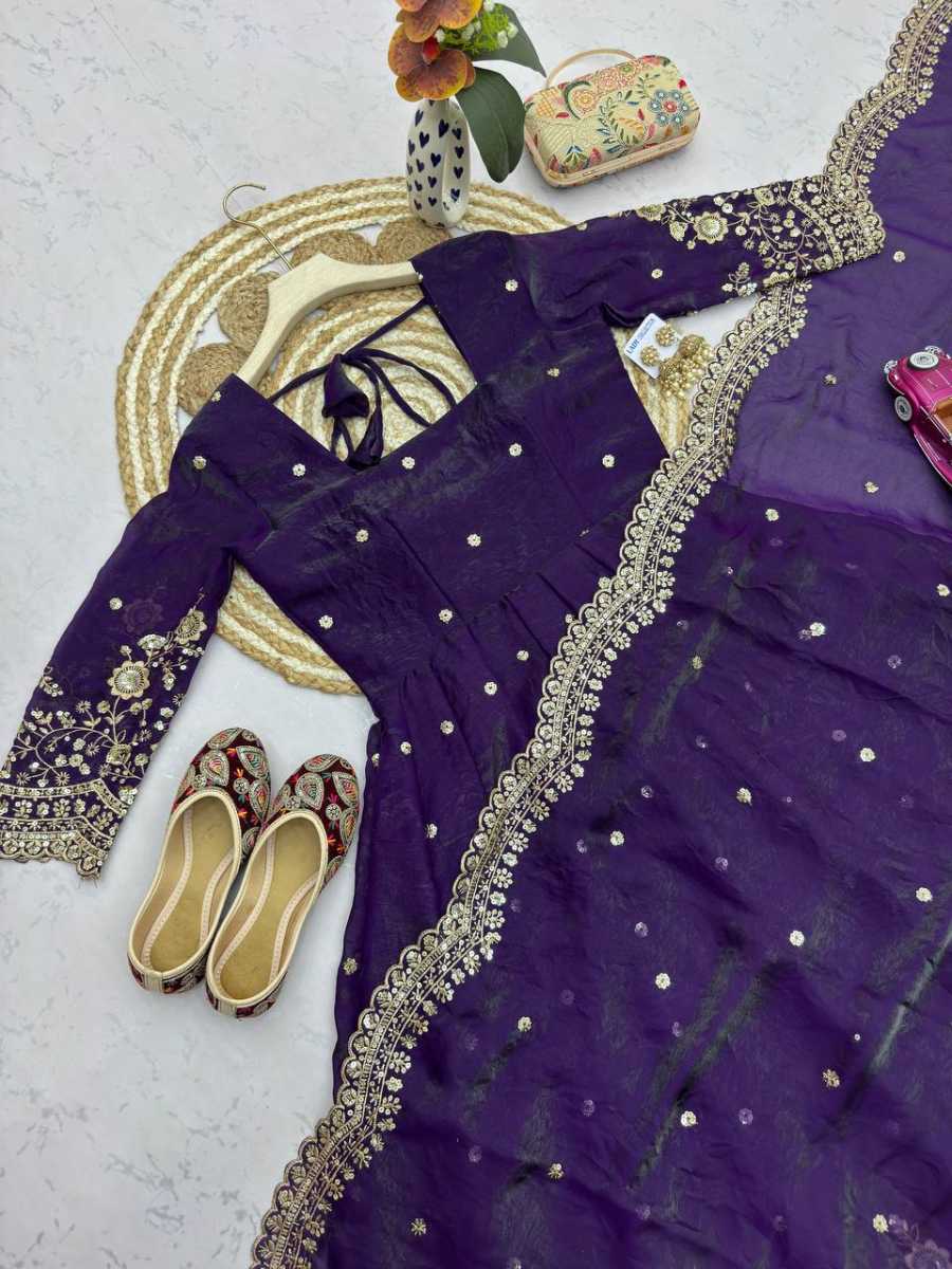 4MODERN FENDY SILK EMBROIDERY SEQUENCE WORK GOWN BOTTOM WITH DUPATTA FESTIVE WEAR WHOLESALE PRICE ETHNIC GARMENT (38)