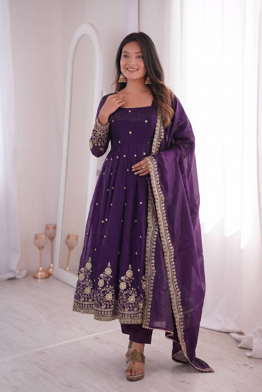 4MODERN FENDY SILK EMBROIDERY SEQUENCE WORK GOWN BOTTOM WITH DUPATTA FESTIVE WEAR WHOLESALE PRICE ETHNIC GARMENT (40)