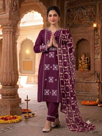 MODERN SLUB COTTON EMBROIDERY WORK TOP BOTTOM WITH DUPATTA WINE