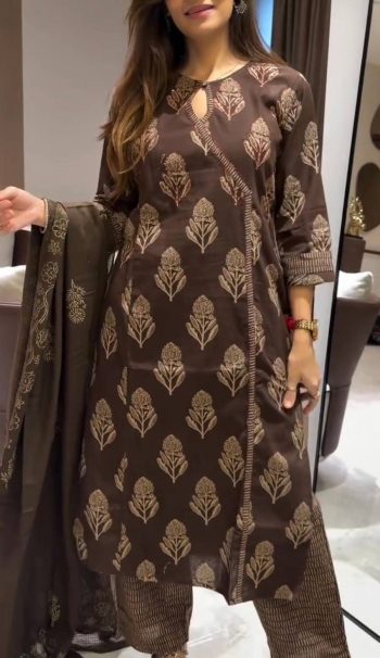 RICH LOOK COTTON PRINT WORK TOP BOTTOM WITH DUPATTA CHIKU