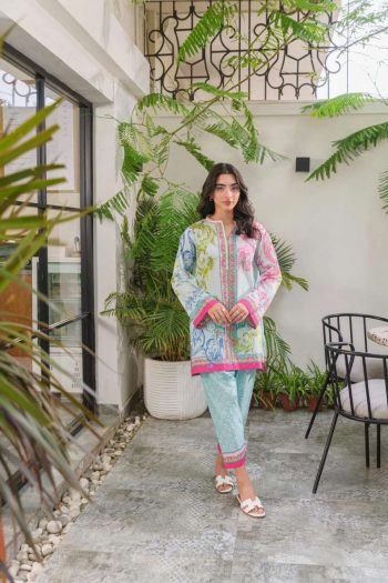 RICH LOOK VISCOSE RAYON PRINTED WORK CO-ORD SET SKY