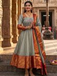 TRADITIONAL KANCHI COTTON ZARI KANCHI BORDER WORK GOWN WITH DUPATTA GREY