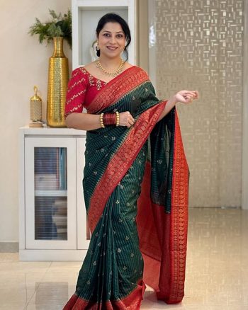 TRENDING BANARASI LICHI SILK JACQUARD WORK SAREE WITH UNSTITCHED BLOUSE GREEN