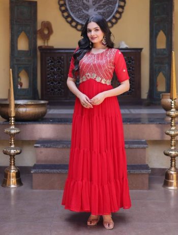TRENDING FAUX BLOOMING EMBROIDERY ZARI SEQUENCE WORK GOWN RED