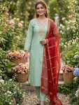TRENDING SLUB COTTON EMBROIDERY WORK TOP BOTTOM WITH DUPATTA PISTA
