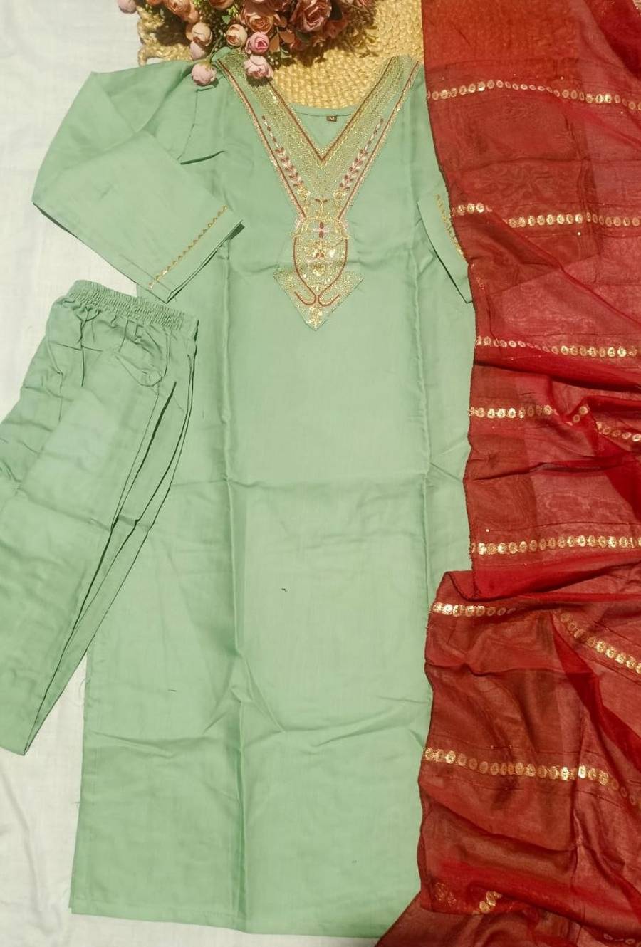 4TRENDING SLUB COTTON EMBROIDERY WORK TOP BOTTOM WITH DUPATTA FESTIVE WEAR WHOLESALE PRICE ETHNIC GARMENT (12)