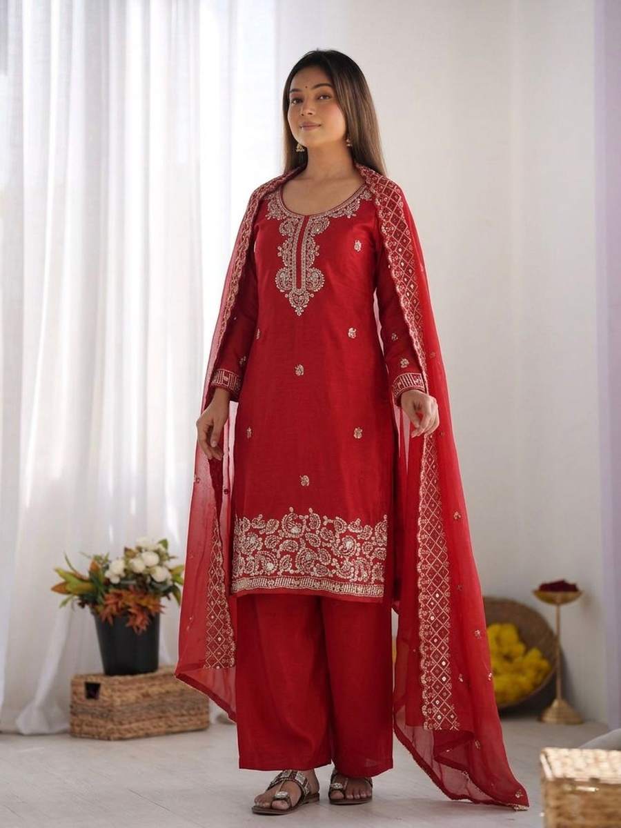 5FANCY GMY SILK EMBROIDERY BEADS WORK TOP PALAZZO WITH DUPATTA FESTIVE WEAR WHOLESALE PRICE ETHNIC GARMENT (39)