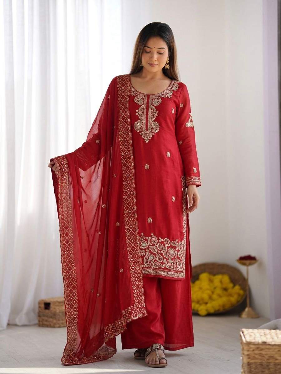 5FANCY GMY SILK EMBROIDERY BEADS WORK TOP PALAZZO WITH DUPATTA FESTIVE WEAR WHOLESALE PRICE ETHNIC GARMENT (40)