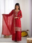 FANCY GMY SILK EMBROIDERY BEADS WORK TOP PALAZZO WITH DUPATTA RED