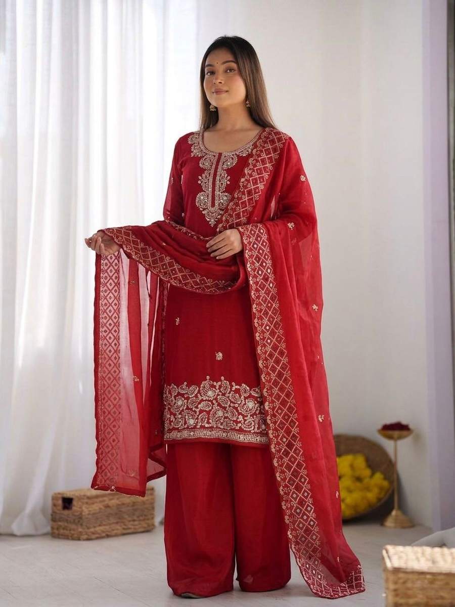 5FANCY GMY SILK EMBROIDERY BEADS WORK TOP PALAZZO WITH DUPATTA FESTIVE WEAR WHOLESALE PRICE ETHNIC GARMENT (42)