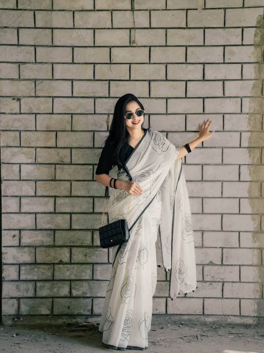 5FANCY LINEN COTTON FLOWERS DIGITAL PRINTED WORK SAREE WITH UNSTITCHED BLOUSE FESTIVE WEAR WHOLESALE PRICE ETHNIC GARMENT (21)