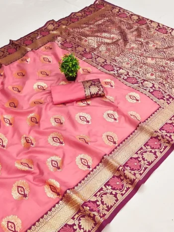 LATEST BANARASI SILK FLOWERS AND MINA & ZARI WEAVING RICH PALLU WITH UNIQUE BORDER WORK SAREE WITH UNSTITCHED BLOUSE BABY PINK
