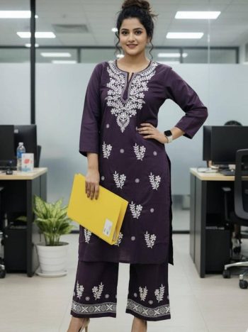 LATEST RAYON COTTON CHIKANKARI WORK KURTI PALAZZO SET WINE