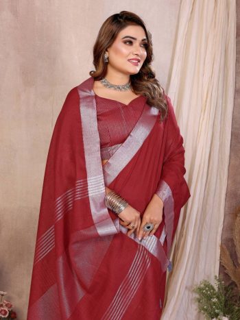 MODERN COTTON LINEN WEAVING WITH EXTRA WORK ZALAR SAREE WITH UNSTITCHED BLOUSE RED