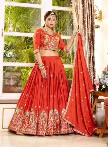 MODERN CREPE SILK EMBROIDERY SEQUENCE WORK WITH THREAD WORK LEHENGA CHOLI WITH DUPATTA ORANGE