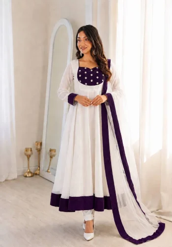 MODERN FENDY SILK EMBROIDERY  SEQUENCE WORK GOWN BOTTOM WITH DUPATTA PURPLE AND WHITE