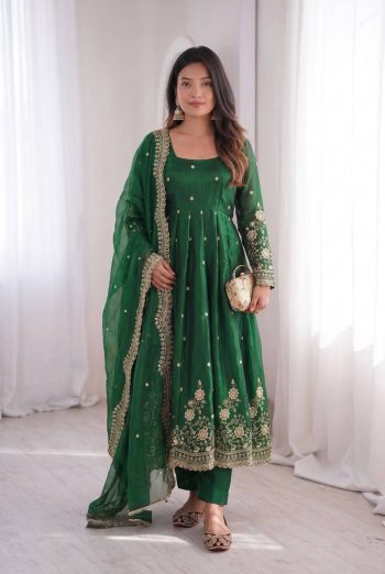 MODERN FENDY SILK EMBROIDERY  SEQUENCE WORK GOWN BOTTOM WITH DUPATTA GREEN
