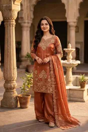 MODERN GMY SILK EMBROIDERY SEQUENCE WORK TOP BOTTOM WITH DUPATTA PEACH