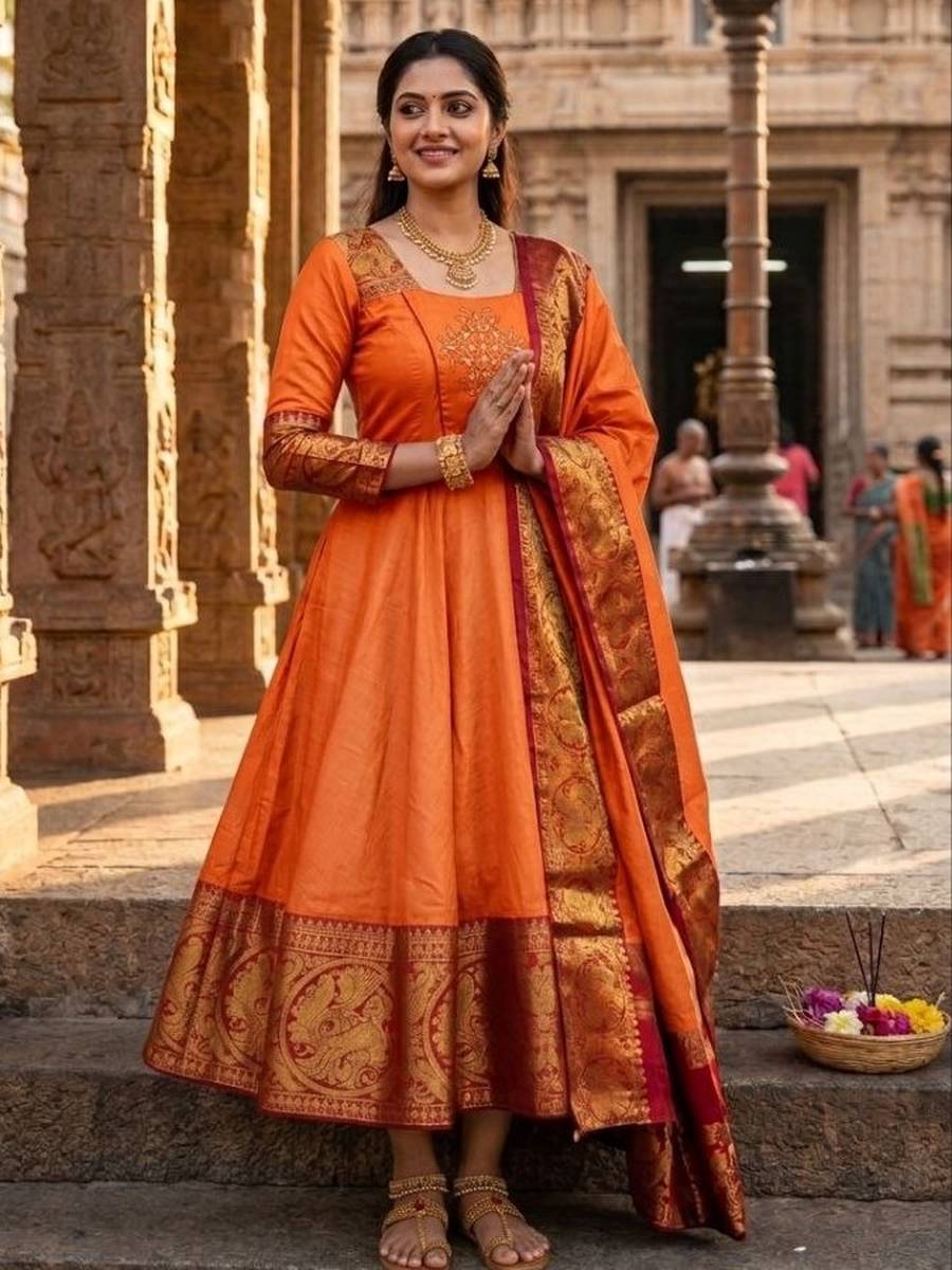 5TRADITIONAL KANCHI COTTON ZARI KANCHI BORDER WORK GOWN WITH DUPATTA WEDDING WEAR WHOLESALE PRICE ETHNIC GARMENT (12)