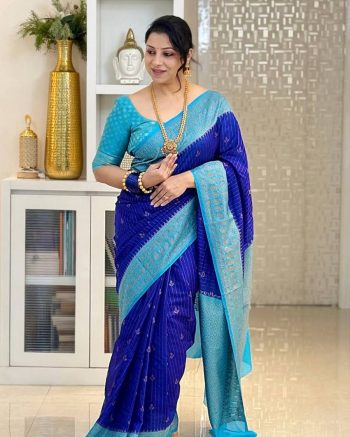 TRENDING BANARASI LICHI SILK JACQUARD WORK SAREE WITH UNSTITCHED BLOUSE BLUE
