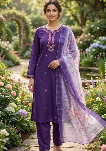 TRENDING SLUB COTTON EMBROIDERY WORK TOP BOTTOM WITH DUPATTA PURPLE