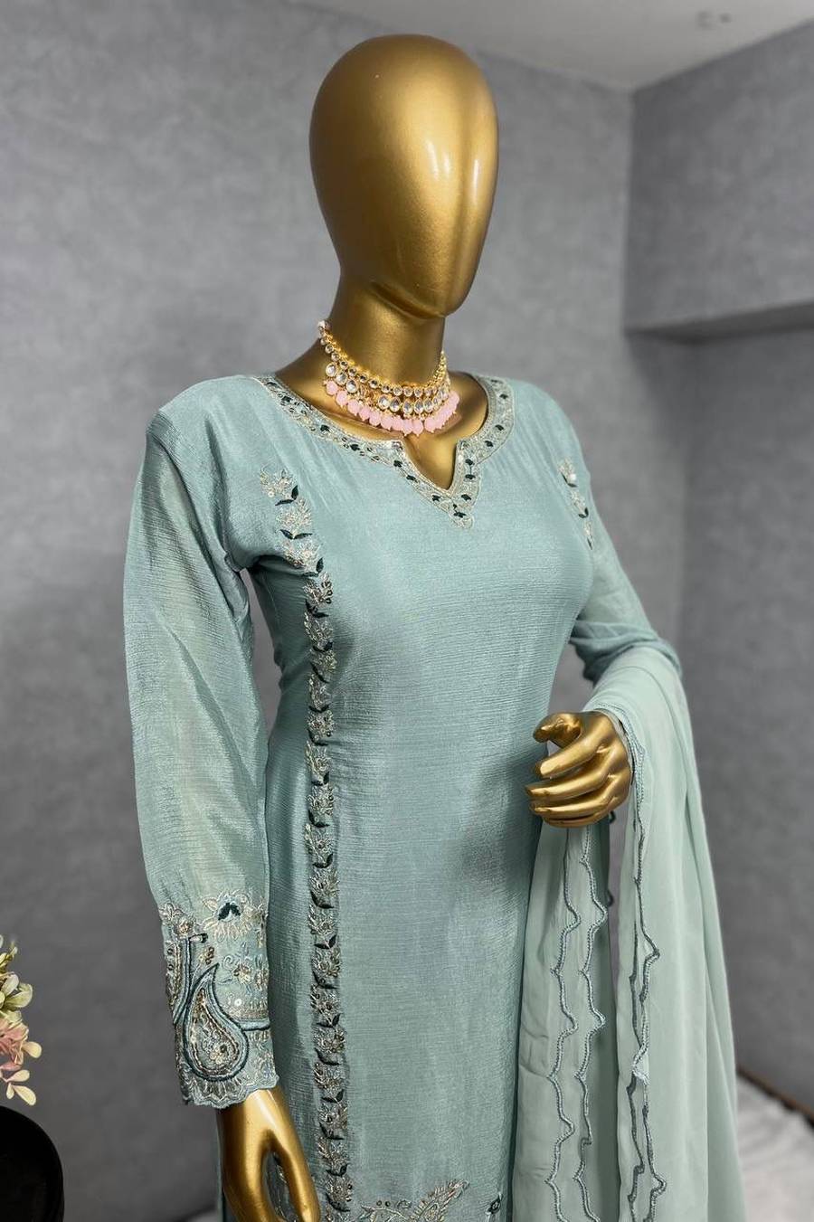 6DESIGNER CHINON SILK EMBROIDERY THREAD AND SEQUENCE WORK TOP BOTTOM WITH DUPATTA FESTIVE WEAR WHOLESALE PRICE ETHNIC GARMENT (18)