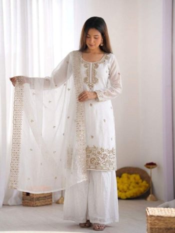 FANCY GMY SILK EMBROIDERY BEADS WORK TOP PALAZZO WITH DUPATTA WHITE