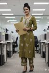 LATEST RAYON COTTON CHIKANKARI WORK KURTI PALAZZO SET MEHNDI