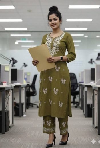 LATEST RAYON COTTON CHIKANKARI WORK KURTI PALAZZO SET MEHNDI