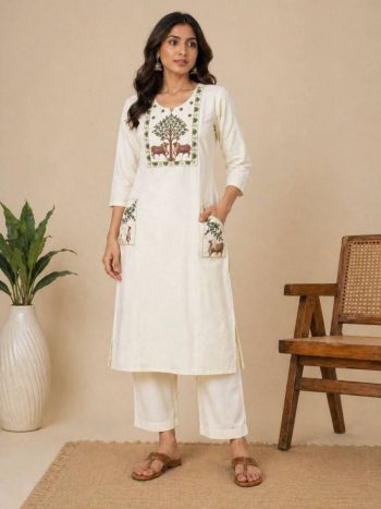 MODERN COTTON EMBROIDERY WORK TOP PENT SET WHITE