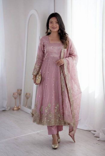 MODERN FENDY SILK EMBROIDERY  SEQUENCE WORK GOWN BOTTOM WITH DUPATTA ONION