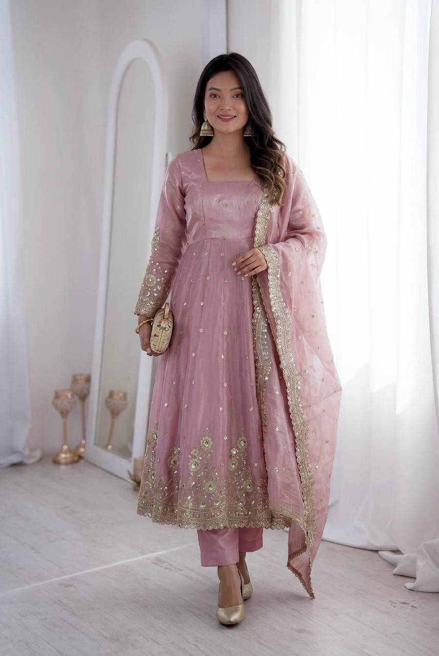 6MODERN FENDY SILK EMBROIDERY SEQUENCE WORK GOWN BOTTOM WITH DUPATTA FESTIVE WEAR WHOLESALE PRICE ETHNIC GARMENT (7)