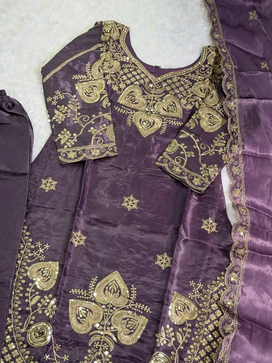 6MODERN GMY SILK EMBROIDERY SEQUENCE WORK TOP BOTTOM WITH DUPATTA FESTIVE WEAR WHOLESALE PRICE ETHNIC GARMENT (50)