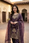 MODERN GMY SILK EMBROIDERY SEQUENCE WORK TOP BOTTOM WITH DUPATTA PURPLE