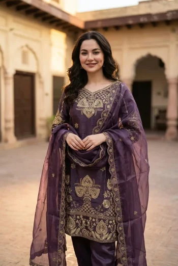 MODERN GMY SILK EMBROIDERY SEQUENCE WORK TOP BOTTOM WITH DUPATTA PURPLE