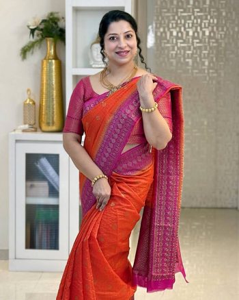 TRENDING BANARASI LICHI SILK JACQUARD WORK SAREE WITH UNSTITCHED BLOUSE ORANGE