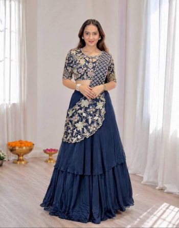 TRENDING FRENCH CREPE SILK EMBROIDERY SEQUENCE WORK LEHENGA SAREE WITH STITCHED BLOUSE NAVY BLUE