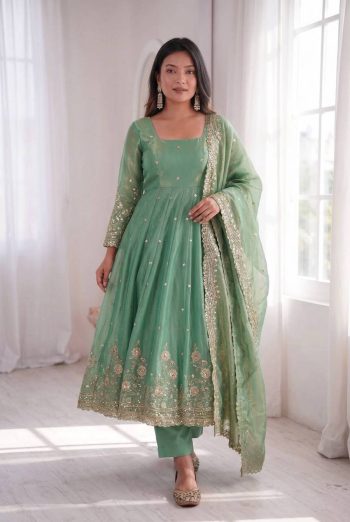 MODERN FENDY SILK EMBROIDERY  SEQUENCE WORK GOWN BOTTOM WITH DUPATTA MINT