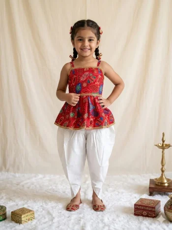 FANCY COTTON BLEND DIGITAL PRINT WORK KID'S TOP PENT SET RED
