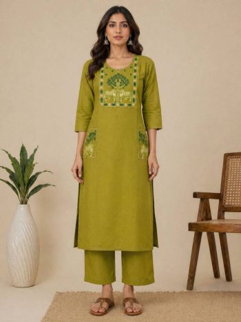 MODERN COTTON EMBROIDERY WORK TOP PENT SET PARROT GREEN