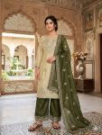 MODERN GMY SILK EMBROIDERY SEQUENCE WORK TOP PALAZZO WITH DUPATTA CREAM AND MEHNDI