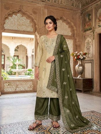 MODERN GMY SILK EMBROIDERY SEQUENCE WORK TOP PALAZZO WITH DUPATTA CREAM AND MEHNDI
