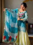 MODERN SATIN SILK SEQUENCE CODING EMBROIDERY WORK TOP PALAZZO WITH DUPATTA SKY