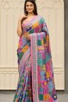 CHINON DIGITAL PRINT WITH MIRROR HANDWORK SAREE WITH UNSTITCHED BLOUSE PARTY WEAR WHOLESALE PRICE ETHNIC GARMENT (1)
