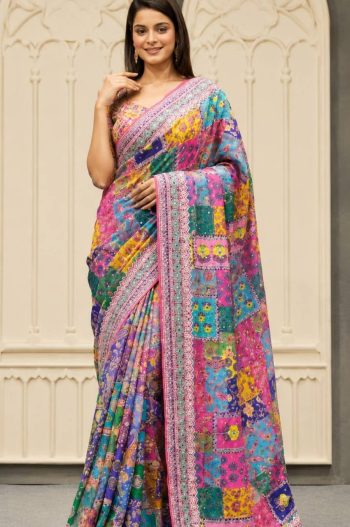 CHINON DIGITAL PRINT WITH MIRROR HANDWORK SAREE WITH UNSTITCHED BLOUSE MULTI