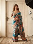 TRENDING CHINON DIGITAL PRINT WITH MIRROR HANDWORK SAREE WITH UNSTITCHED BLOUSE RAMA