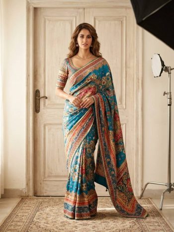 TRENDING CHINON DIGITAL PRINT WITH MIRROR HANDWORK SAREE WITH UNSTITCHED BLOUSE RAMA