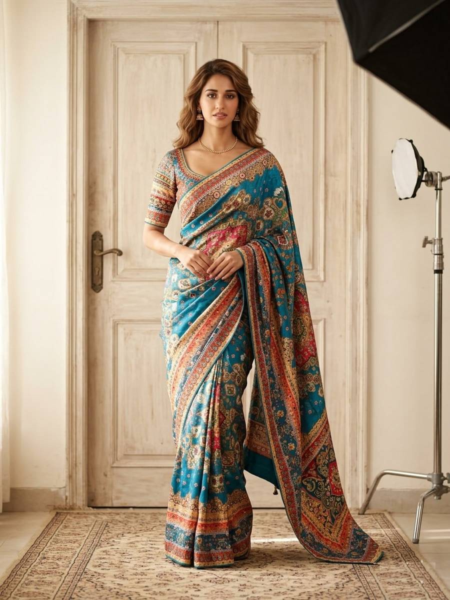 CHINON DIGITAL PRINT WITH MIRROR HANDWORK SAREE WITH UNSTITCHED BLOUSE PARTY WEAR WHOLESALE PRICE ETHNIC GARMENT (3)