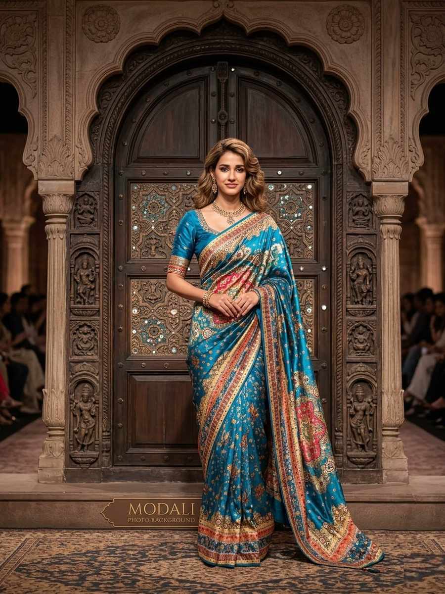CHINON DIGITAL PRINT WITH MIRROR HANDWORK SAREE WITH UNSTITCHED BLOUSE PARTY WEAR WHOLESALE PRICE ETHNIC GARMENT (4)