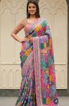 CHINON DIGITAL PRINT WITH MIRROR HANDWORK SAREE WITH UNSTITCHED BLOUSE PARTY WEAR WHOLESALE PRICE ETHNIC GARMENT (1)